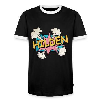 Hilden Germany City Font Pop Art Comic - Men's Ringer Shirt - black/white - Front - AI Model Female 172 light (172cm) & AI Model Male 178 light (178cm)
