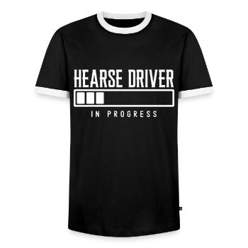 Hearse driver in progress - Men's Ringer Shirt - black/white - Front - AI Model Female 172 light (172cm) & AI Model Male 178 light (178cm)