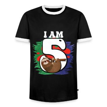 I am 5 sloth - Men's Ringer Shirt - black/white - Front - AI Model Female 172 light (172cm) & AI Model Male 178 light (178cm)