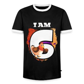 I am 6 chickens - Men's Ringer Shirt - black/white - Front - AI Model Female 172 light (172cm) & AI Model Male 178 light (178cm)