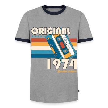 49 Birthday Man Woman Cassette May Year 1974 - Men's Ringer Shirt - grey/navy  - Front - AI Model Female 172 light (172cm) & AI Model Male 178 light (178cm)