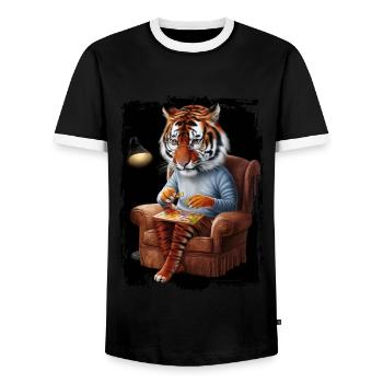 Tiger spielt Puzzle Geschenk - Männer Kontrast-T-Shirt - Schwarz/Weiß - Vorne - AI Model Female 172 light (172cm) & AI Model Male 178 light (178cm)