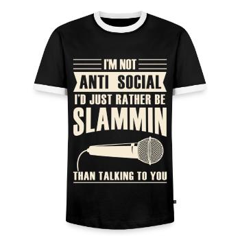 Ich Bin Nicht Anti-sozial Poetry Slam - Männer Kontrast-T-Shirt - Schwarz/Weiß - Vorne - AI Model Female 172 light (172cm) & AI Model Male 178 light (178cm)