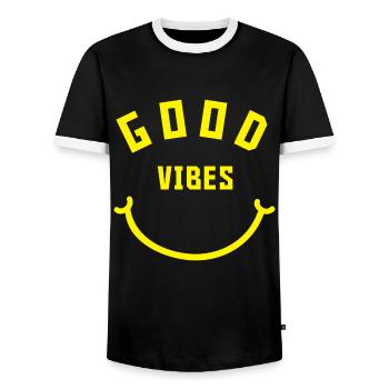 Good Vibes Great Idea Smile Neon Yellow - Men's Ringer Shirt - black/white - Front - AI Model Female 172 light (172cm) & AI Model Male 178 light (178cm)