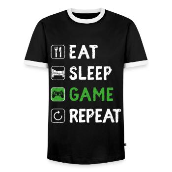 Funny Eat Sleep Game Repeat Video Gamer Gaming Lov - Men's Ringer Shirt - black/white - Front - AI Model Female 172 light (172cm) & AI Model Male 178 light (178cm)