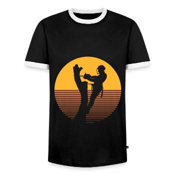 Funny Chainsaw Arborist Gift - Men's Ringer Shirt - black/white - Front - AI Model Female 172 light (172cm) & AI Model Male 178 light (178cm)