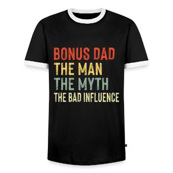 Bonus Dad Man Myth Bad Influence Stepdad - Men's Ringer Shirt - black/white - Front - AI Model Female 172 light (172cm) & AI Model Male 178 light (178cm)