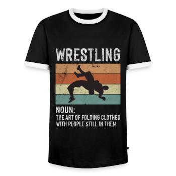 Wrestling Noun Definition Art Folding Clothes - Men's Ringer Shirt - black/white - Front - AI Model Female 172 light (172cm) & AI Model Male 178 light (178cm)