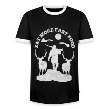 Mangez plus de fast-food Chasseurs Gardes-chasse Amateurs de chasse - T-shirt contrasté Homme - noir/blanc - Devant - AI Model Female 172 light (172cm) & AI Model Male 178 light (178cm)