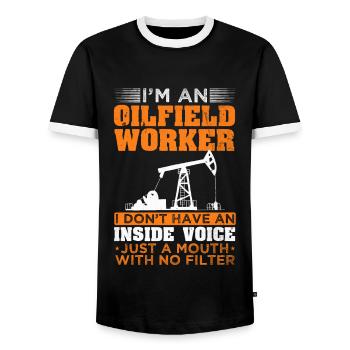 Oilfield worker mouth with no filter oil production - Men's Ringer Shirt - black/white - Front - AI Model Female 172 light (172cm) & AI Model Male 178 light (178cm)