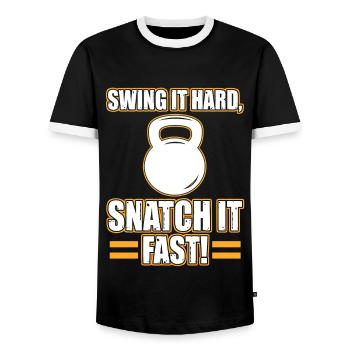 Swing It Hard Snatch It Fast Kettlebell Dumbbells - Men's Ringer Shirt - black/white - Front - AI Model Female 172 light (172cm) & AI Model Male 178 light (178cm)