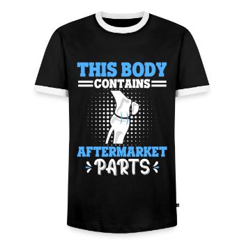 This Body Contains Aftermarket Parts Knee Surgery - Men's Ringer Shirt - black/white - Front - AI Model Female 172 light (172cm) & AI Model Male 178 light (178cm)