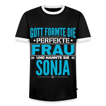 Conception de nom Sonja - T-shirt contrasté Homme - noir/blanc - Devant - AI Model Female 172 light (172cm) & AI Model Male 178 light (178cm)