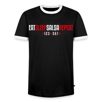Eat Sleep Salsa Repeat – 123-567 - Men's Ringer Shirt - black/white - Front - AI Model Female 172 light (172cm) & AI Model Male 178 light (178cm)