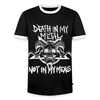 Metalhead végétalien. La mort dans le métal, pas dans mes repas - T-shirt contrasté Homme - noir/blanc - Devant - AI Model Female 172 light (172cm) & AI Model Male 178 light (178cm)