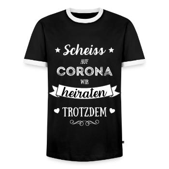 scheiß auf corona - wir heiraten Pandemie Hochzeit - Männer Kontrast-T-Shirt - Schwarz/Weiß - Vorne - AI Model Female 172 light (172cm) & AI Model Male 178 light (178cm)
