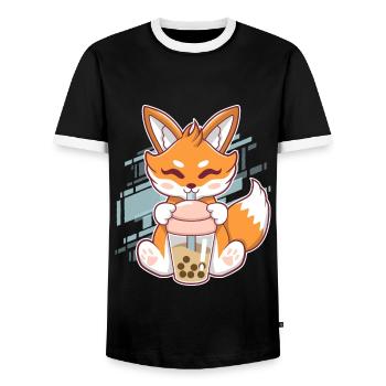 Cute Fox Boba Fox Bubble Tea Kawaii Japan - Men's Ringer Shirt - black/white - Front - AI Model Female 172 light (172cm) & AI Model Male 178 light (178cm)