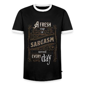 A fresh cup of Sarcasm served every day - Männer Kontrast-T-Shirt - Schwarz/Weiß - Vorne - AI Model Female 172 light (172cm) & AI Model Male 178 light (178cm)
