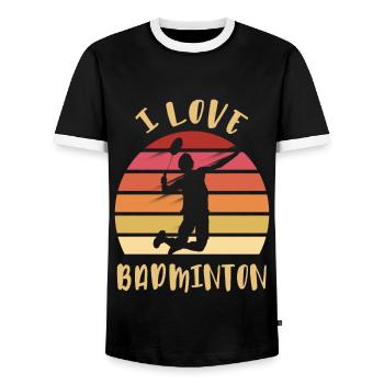 I love Badminton Jump Smash - Men's Ringer Shirt - black/white - Front - AI Model Female 172 light (172cm) & AI Model Male 178 light (178cm)