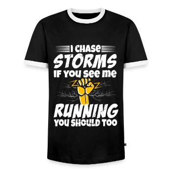 Storm Chasman Tornado Humor Gift - Men's Ringer Shirt - black/white - Front - AI Model Female 172 light (172cm) & AI Model Male 178 light (178cm)
