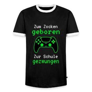 Gamer - Zum Zocken Geboren Zur Schule Gezwungen - Männer Kontrast-T-Shirt - Schwarz/Weiß - Vorne - AI Model Female 172 light (172cm) & AI Model Male 178 light (178cm)