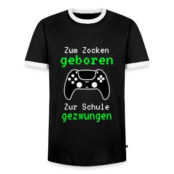Gamer - Zum Zocken Geboren Zur Schule Gezwungen - Männer Kontrast-T-Shirt - Schwarz/Weiß - Vorne - AI Model Female 172 light (172cm) & AI Model Male 178 light (178cm)