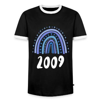 Blue Rainbow Birth Year Vintage 2009 - Men's Ringer Shirt - black/white - Front - AI Model Female 172 light (172cm) & AI Model Male 178 light (178cm)