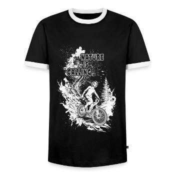 „Finde deinen Flow“: Radfahrerin meistert den Berg - Männer Kontrast-T-Shirt - Schwarz/Weiß - Vorne - AI Model Female 172 light (172cm) & AI Model Male 178 light (178cm)