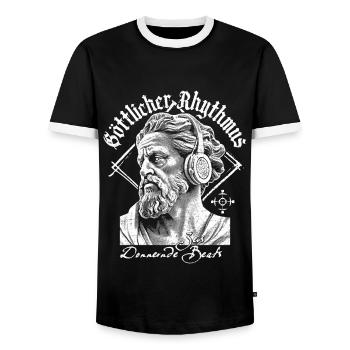 Zeus mit Hip-Hop Vibes – Ein göttlicher Soundtrack - Männer Kontrast-T-Shirt - Schwarz/Weiß - Vorne - AI Model Female 172 light (172cm) & AI Model Male 178 light (178cm)