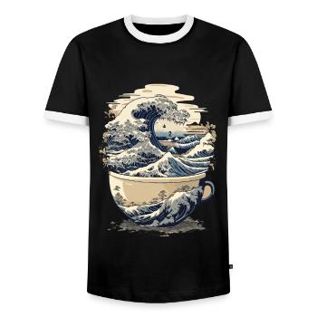 Tasse Kaffee Hokusai Japanische Kunst Kanagawa Humor - Männer Kontrast-T-Shirt - Schwarz/Weiß - Vorne - AI Model Female 172 light (172cm) & AI Model Male 178 light (178cm)