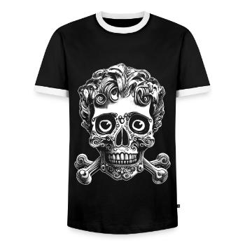 Comic Chaos Shirt: Totenkopf-Lächeln Metal-Fans - Männer Kontrast-T-Shirt - Schwarz/Weiß - Vorne - AI Model Female 172 light (172cm) & AI Model Male 178 light (178cm)