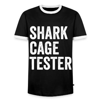 Beinamputierter Humor Unterstützung Haikäfig-Tester - Männer Kontrast-T-Shirt - Schwarz/Weiß - Vorne - AI Model Female 172 light (172cm) & AI Model Male 178 light (178cm)
