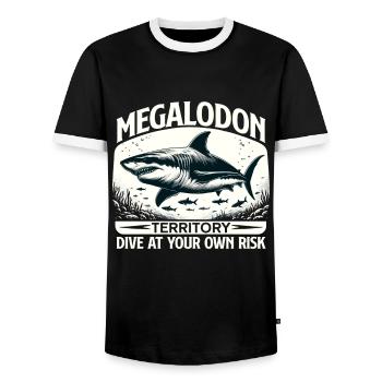 Alerte au territoire du mégalodon | Plongée avec les requins de l’océan - T-shirt contrasté Homme - noir/blanc - Devant - AI Model Female 172 light (172cm) & AI Model Male 178 light (178cm)