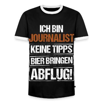I'm a journalist - bring beer and take off - Men's Ringer Shirt - black/white - Front - AI Model Female 172 light (172cm) & AI Model Male 178 light (178cm)