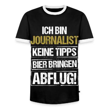 I'm a journalist - bring beer and take off - Men's Ringer Shirt - black/white - Front - AI Model Female 172 light (172cm) & AI Model Male 178 light (178cm)