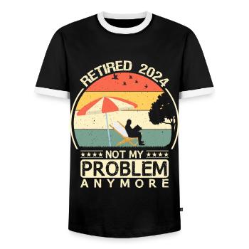 Retired 2024 Not My Problem Anymore Retro Vintage - Men's Ringer Shirt - black/white - Front - AI Model Female 172 light (172cm) & AI Model Male 178 light (178cm)