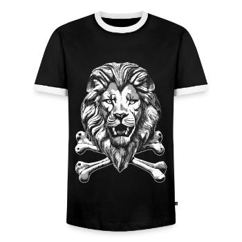 Ghost Captain Shirt: Lion on Boat Trip - Men's Ringer Shirt - black/white - Front - AI Model Female 172 light (172cm) & AI Model Male 178 light (178cm)