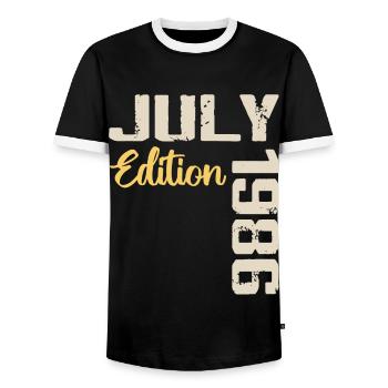 July 1986 Birthday Shirt July 1986 - Men's Ringer Shirt - black/white - Front - AI Model Female 172 light (172cm) & AI Model Male 178 light (178cm)
