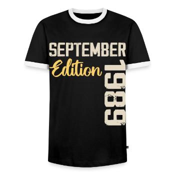 September 1989 - 35th Anniversary September 1989 - Men's Ringer Shirt - black/white - Front - AI Model Female 172 light (172cm) & AI Model Male 178 light (178cm)