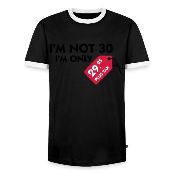 Ich bin nicht 30. Ich bin nur 29,99€ plus Steuern - Männer Kontrast-T-Shirt - Schwarz/Weiß - Vorne - AI Model Female 172 light (172cm) & AI Model Male 178 light (178cm)