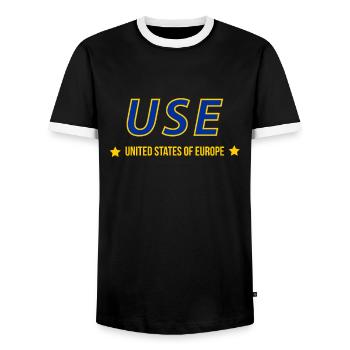 USE Vereinigte Staaten von Europa U.S.E EU EUdSSR - Männer Kontrast-T-Shirt - Schwarz/Weiß - Vorne - AI Model Female 172 light (172cm) & AI Model Male 178 light (178cm)