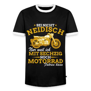 Motorrad Shirt • Neidisch Motorradfahrer Geschenk - Männer Kontrast-T-Shirt - Schwarz/Weiß - Vorne - AI Model Female 172 light (172cm) & AI Model Male 178 light (178cm)