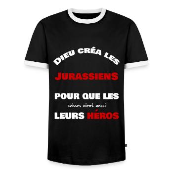 Dieu créa le jurassiens - T-shirt contrasté Homme - noir/blanc - Devant - AI Model Female 172 light (172cm) & AI Model Male 178 light (178cm)