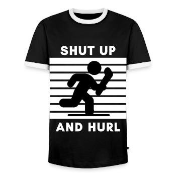 Hurling: Shut up and hurl. - Men's Ringer Shirt - black/white - Front - AI Model Female 172 light (172cm) & AI Model Male 178 light (178cm)
