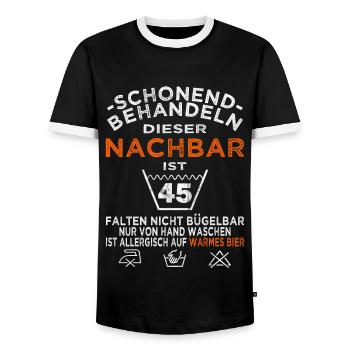 Nachbar 45. Geburtstag schonend behandeln - Männer Kontrast-T-Shirt - Schwarz/Weiß - Vorne - AI Model Female 172 light (172cm) & AI Model Male 178 light (178cm)