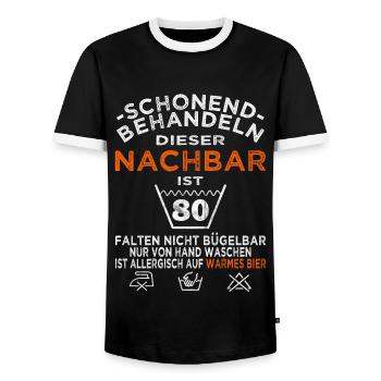 Nachbar 80. Geburtstag schonend behandeln - Männer Kontrast-T-Shirt - Schwarz/Weiß - Vorne - AI Model Female 172 light (172cm) & AI Model Male 178 light (178cm)