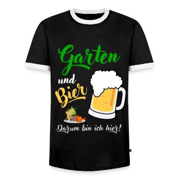 Garten und Bier darum bin ich hier Gärtner Spruch - Männer Kontrast-T-Shirt - Schwarz/Weiß - Vorne - AI Model Female 172 light (172cm) & AI Model Male 178 light (178cm)
