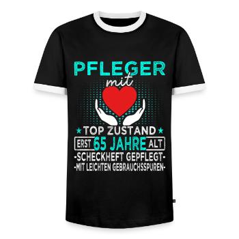 Pfleger 65 Jahre - Altenpfleger - Pflegekraft - Männer Kontrast-T-Shirt - Schwarz/Weiß - Vorne - AI Model Female 172 light (172cm) & AI Model Male 178 light (178cm)