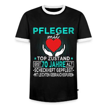 Pfleger 70 Jahre - Altenpfleger - Pflegekraft - Männer Kontrast-T-Shirt - Schwarz/Weiß - Vorne - AI Model Female 172 light (172cm) & AI Model Male 178 light (178cm)