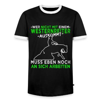 Westernreiten - Westernpferd - Reining - Männer Kontrast-T-Shirt - Schwarz/Weiß - Vorne - AI Model Female 172 light (172cm) & AI Model Male 178 light (178cm)